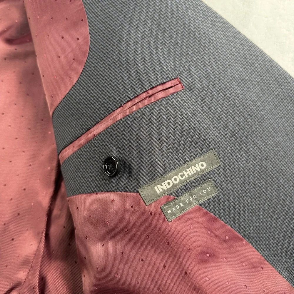 Indochino Suit Mens 44L Pants 36x29 100% Wool Career Houndstooth Blue Brown